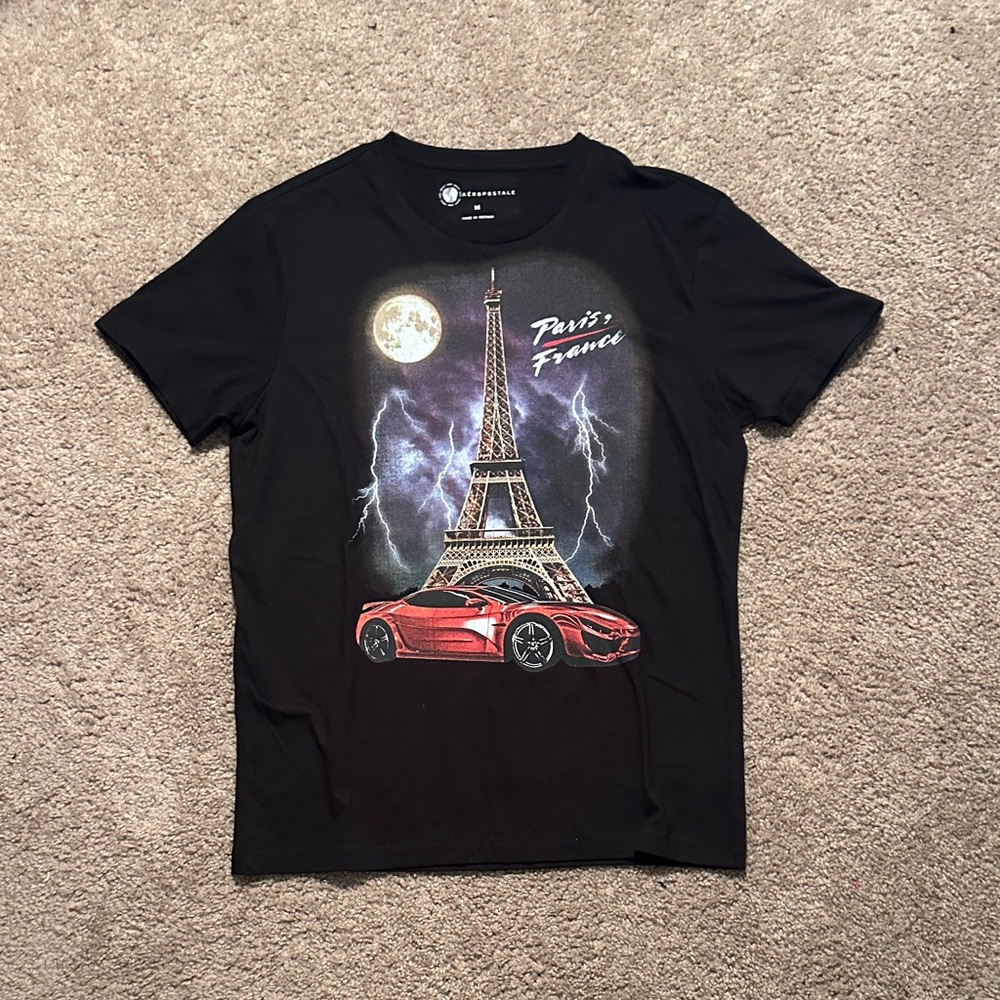 Aeropostale Black Tee with Paris and Car Graphic